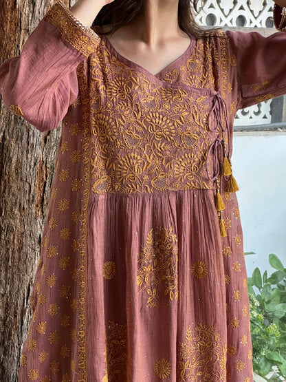 Onion Pink Tissue Silk Chikankari Angarkha