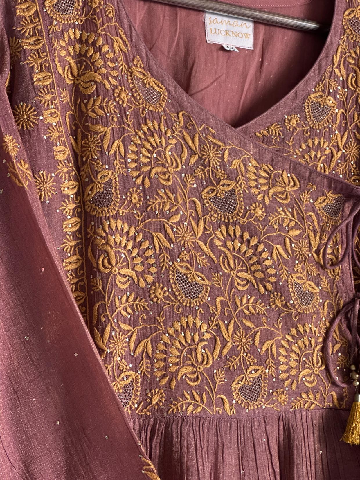 Onion Pink Tissue Silk Chikankari Angarkha
