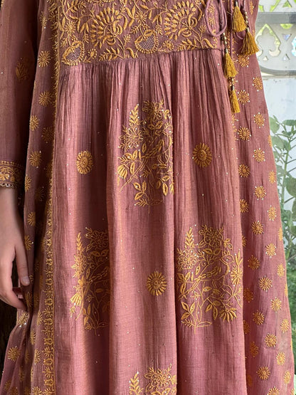 Onion Pink Tissue Silk Chikankari Angarkha