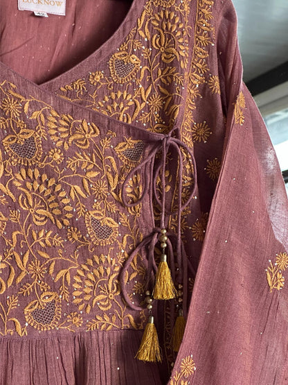 Onion Pink Tissue Silk Chikankari Angarkha