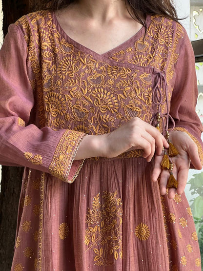 Onion Pink Tissue Silk Chikankari Angarkha