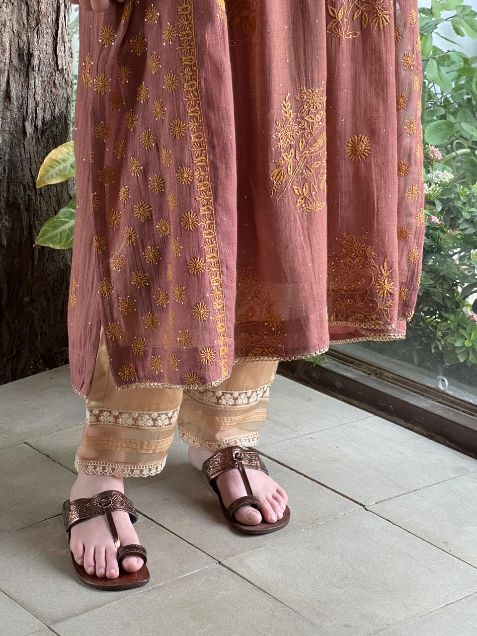 Onion Pink Tissue Silk Chikankari Angarkha
