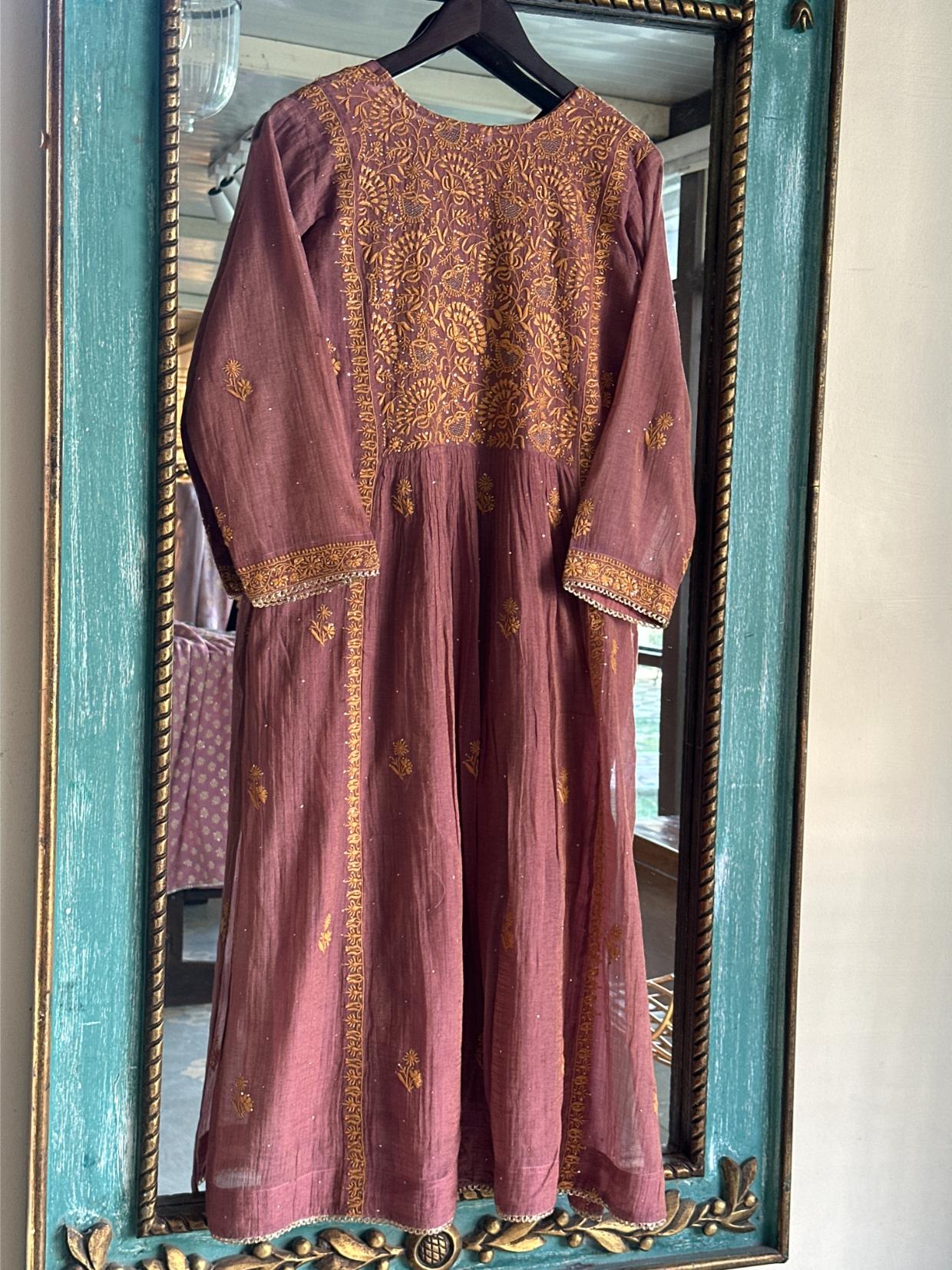 Onion Pink Tissue Silk Chikankari Angarkha