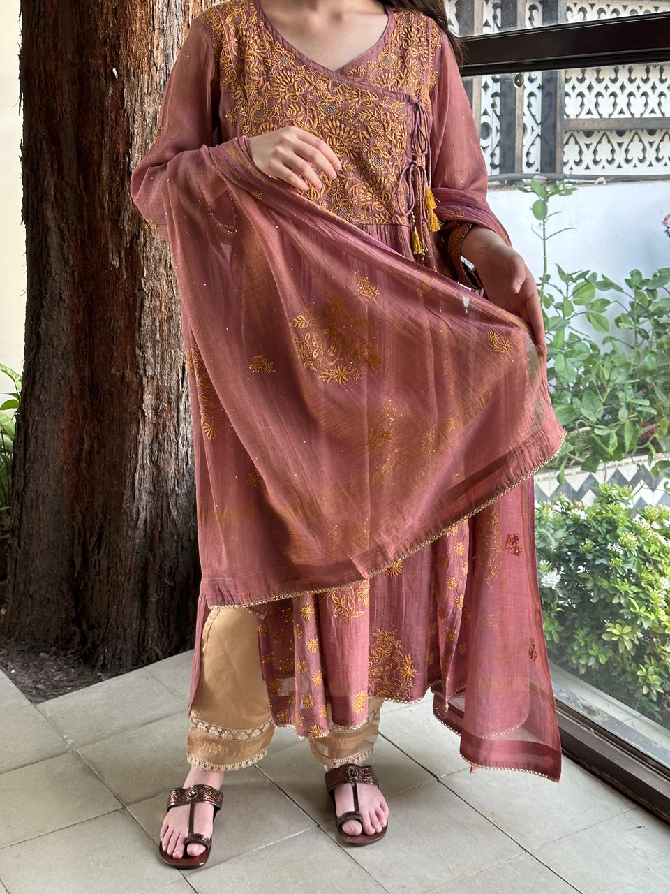 Onion Pink Tissue Silk Chikankari Angarkha