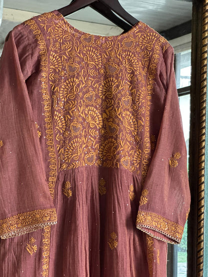 Onion Pink Tissue Silk Chikankari Angarkha