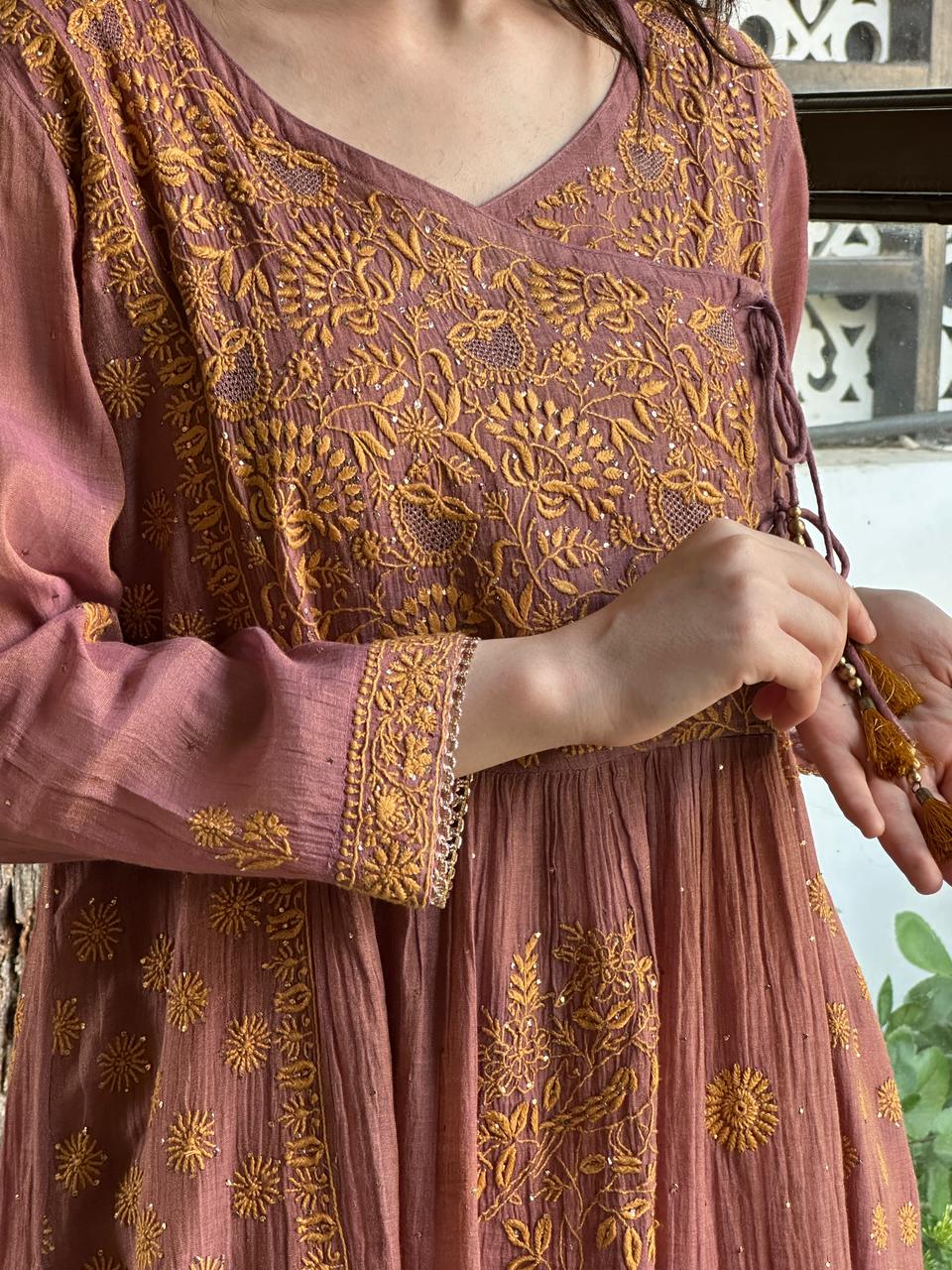 Onion Pink Tissue Silk Chikankari Angarkha