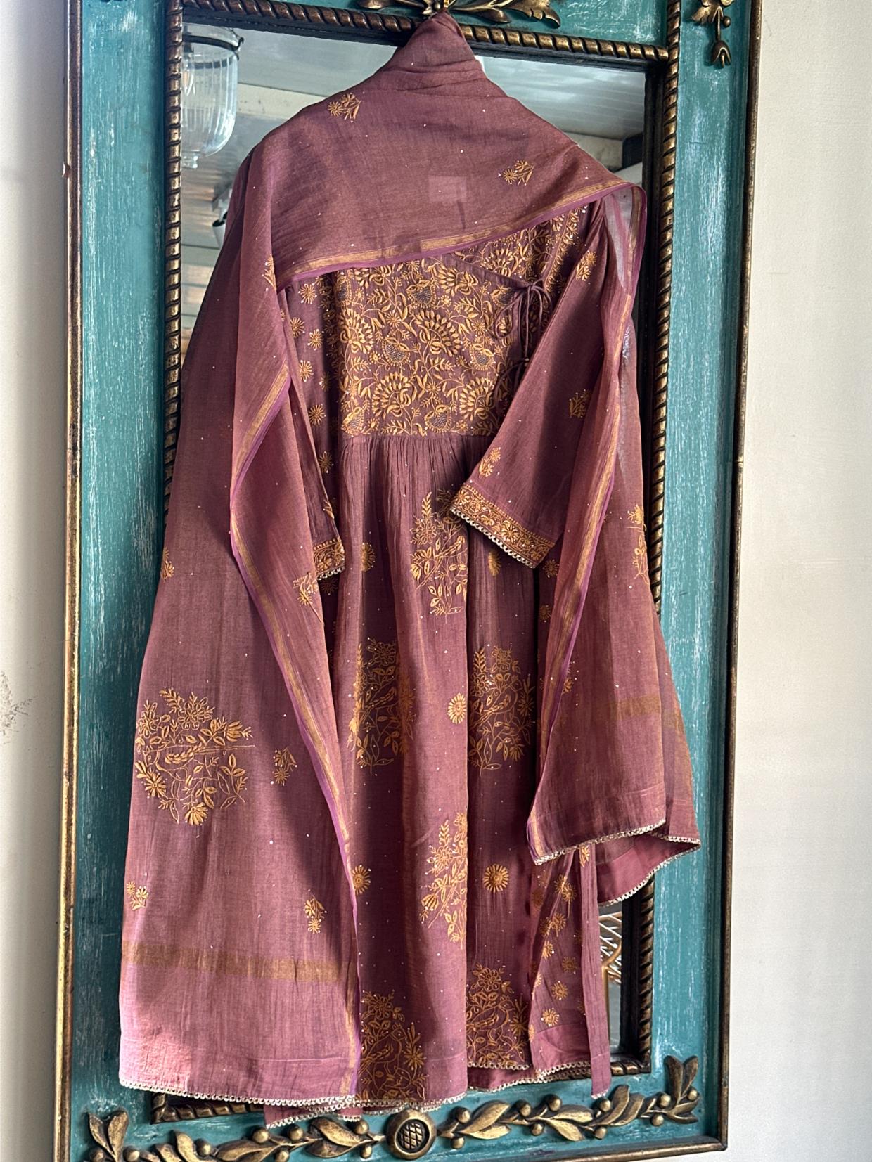 Onion Pink Tissue Silk Chikankari Angarkha