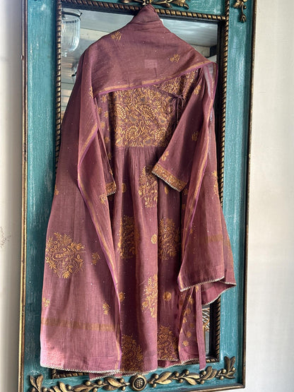 Onion Pink Tissue Silk Chikankari Angarkha