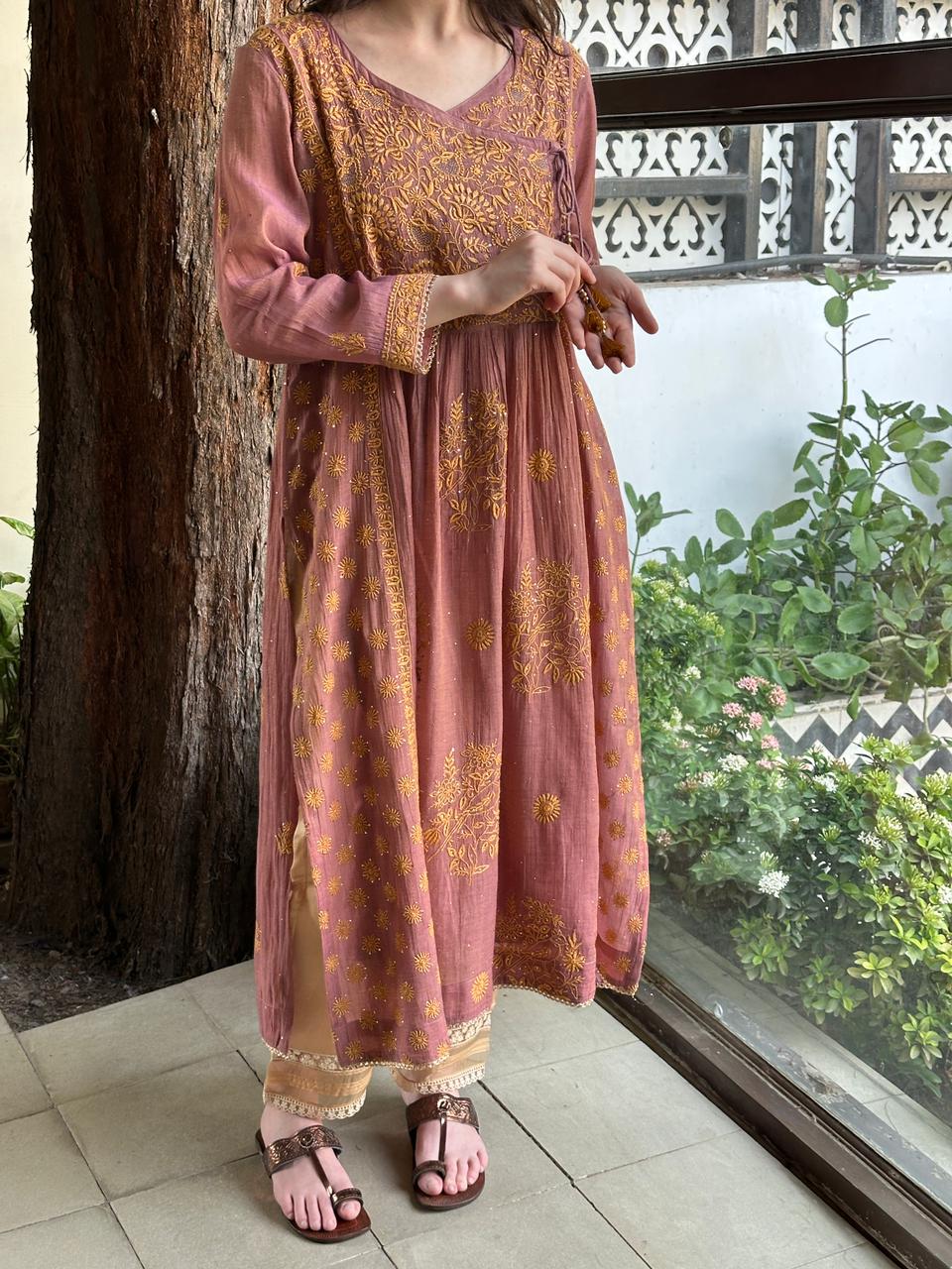 Onion Pink Tissue Silk Chikankari Angarkha