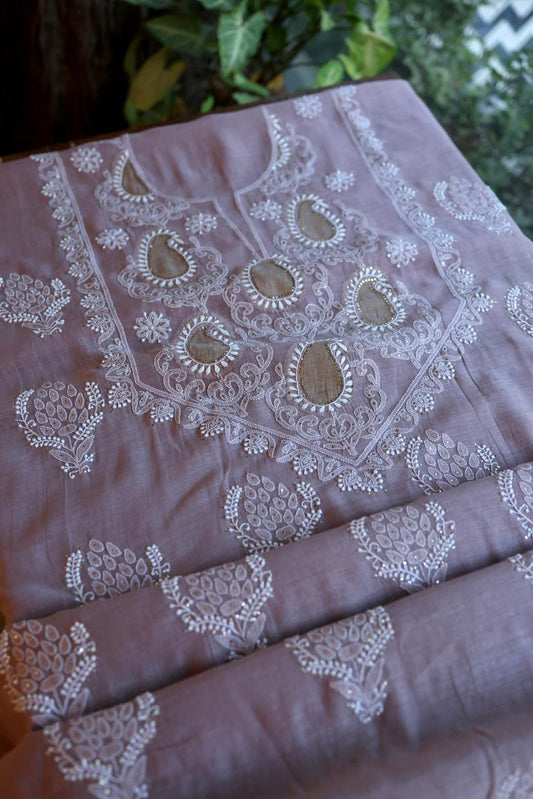 Onion Pink Daraz Chanderi Chikankari Kurta Fabrics