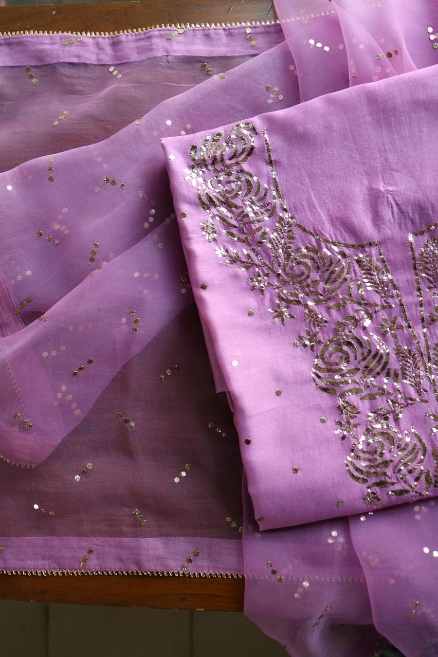 Opera Mauve Chanderi Silk Mukaish Badla Unstitched Fabric