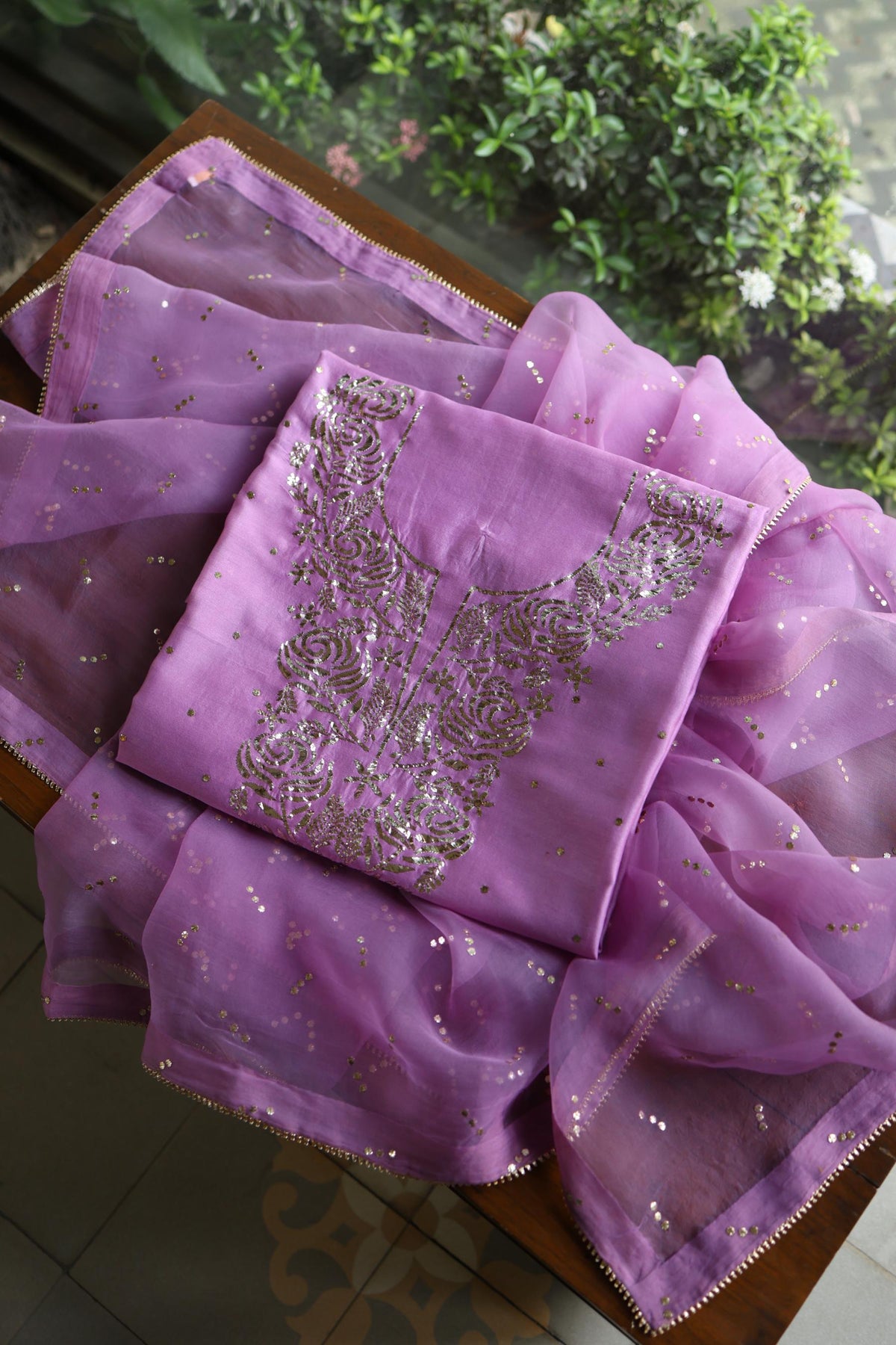 Opera Mauve Chanderi Silk Mukaish Badla Unstitched Fabric