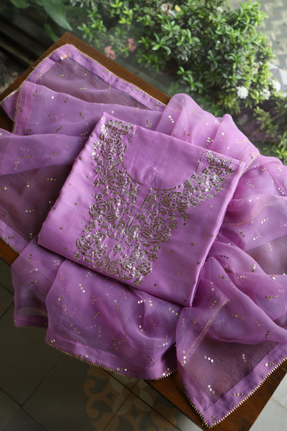 Opera Mauve Chanderi Silk Mukaish Badla Unstitched Fabric
