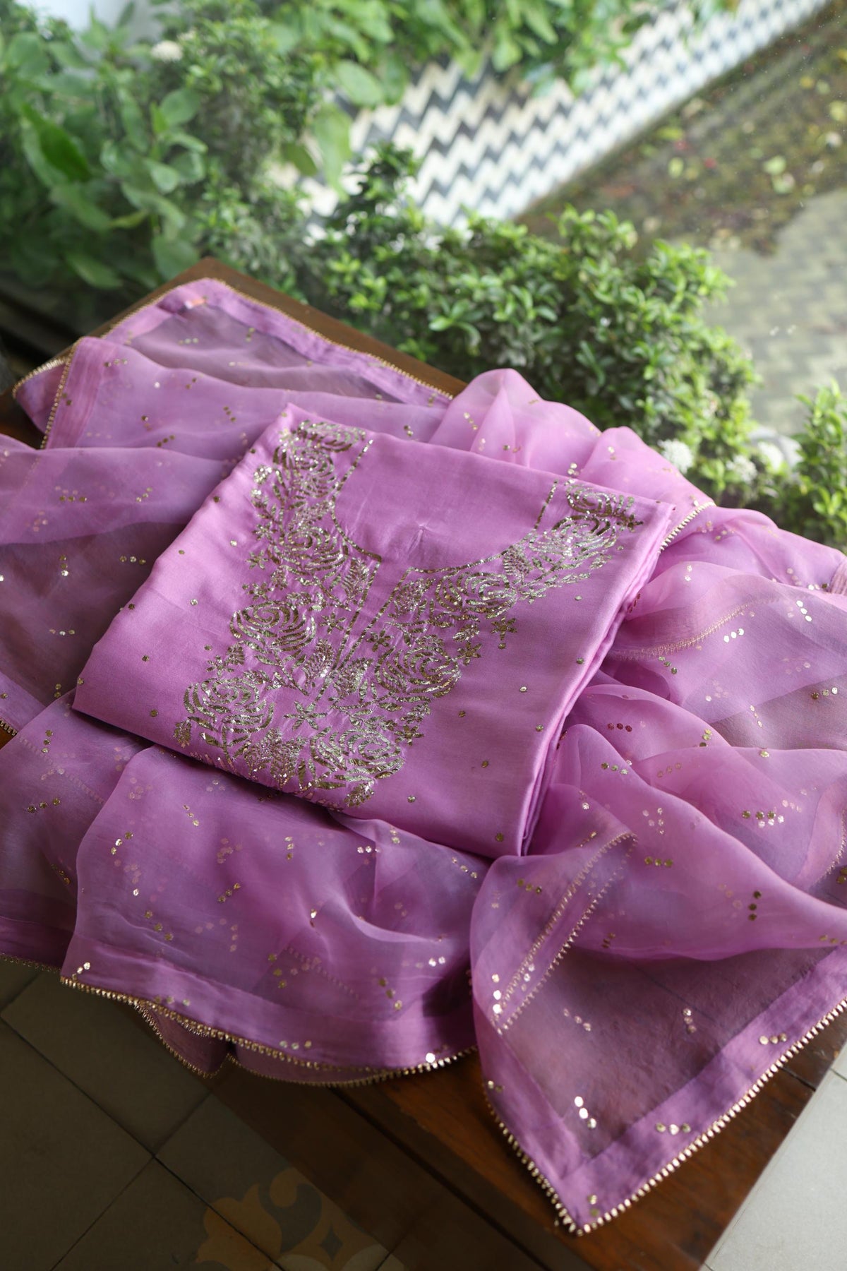 Opera Mauve Chanderi Silk Mukaish Badla Unstitched Fabric