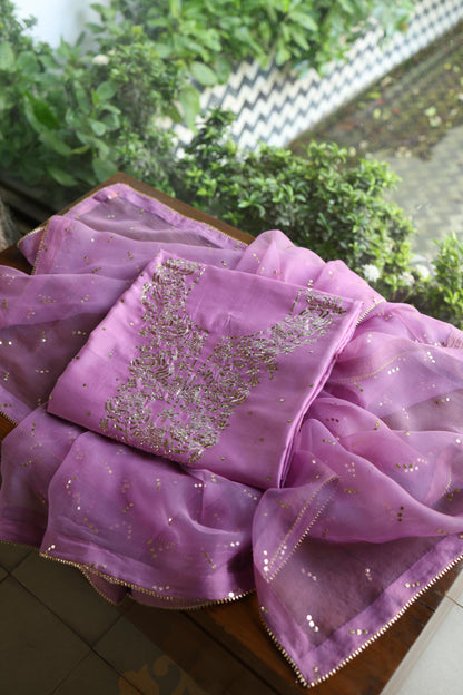 Opera Mauve Chanderi Silk Mukaish Badla Unstitched Fabric