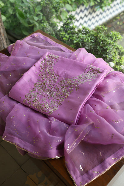 Opera Mauve Chanderi Silk Mukaish Badla Unstitched Fabric