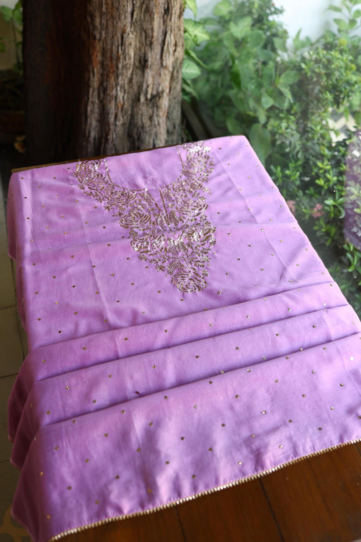 Opera Mauve Chanderi Silk Mukaish Badla Unstitched Fabric