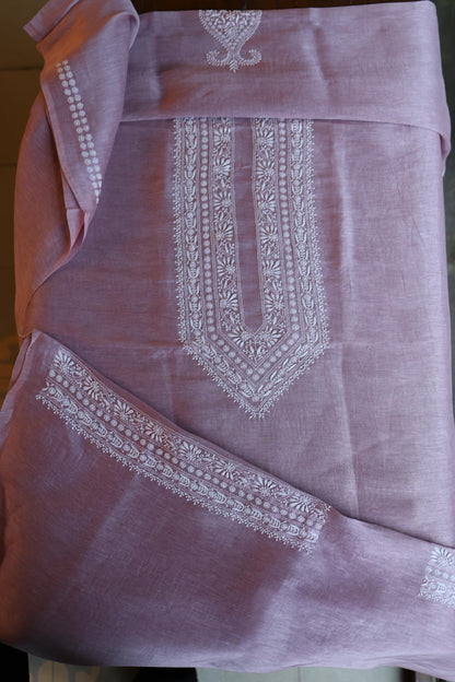 Opera Mauve Linen Chikankari Unstitched Men's Kurta Fabric
