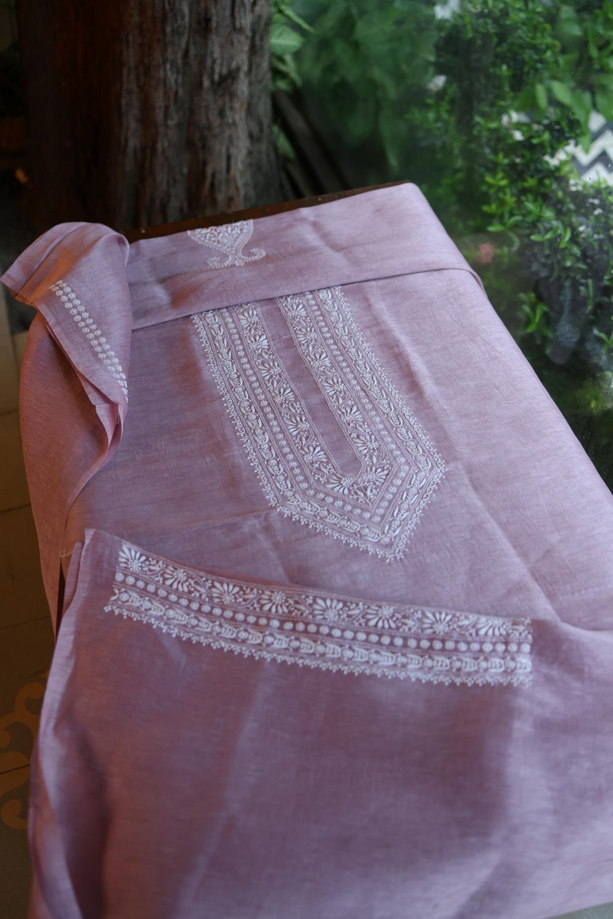 Opera Mauve Linen Chikankari Unstitched Men's Kurta Fabric