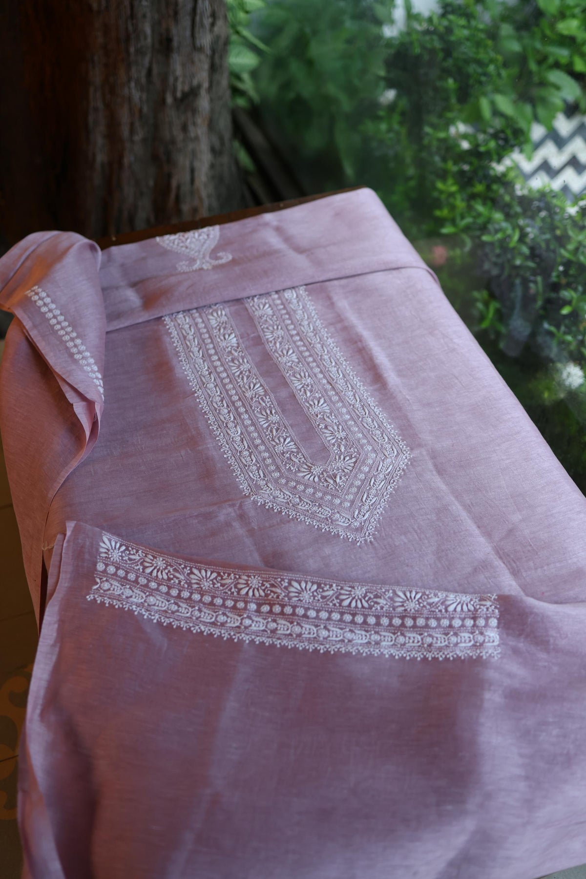 Opera Mauve Linen Chikankari Unstitched Men's Kurta Fabric