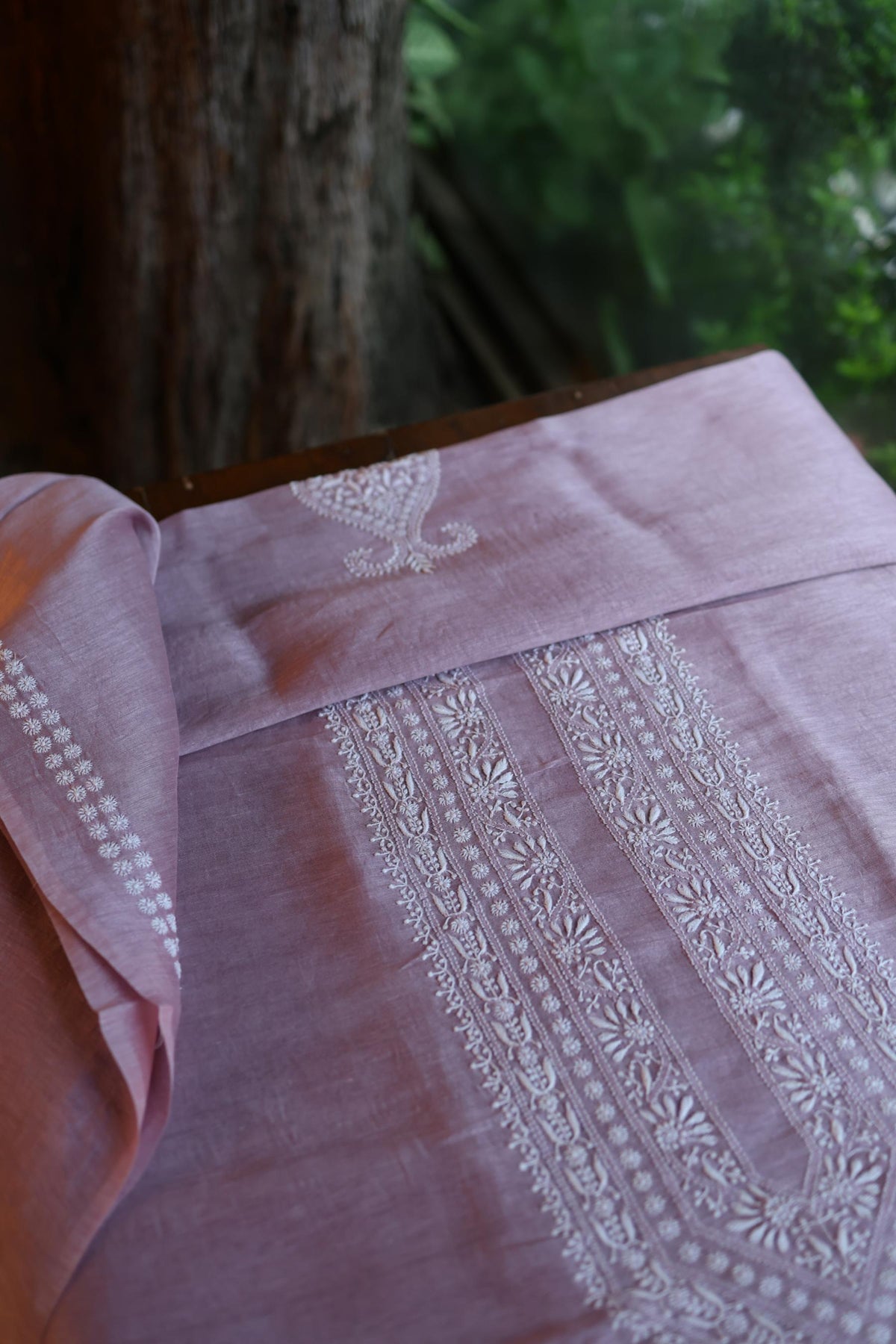 Opera Mauve Linen Chikankari Unstitched Men's Kurta Fabric