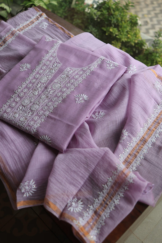 Opera Mauve Mal Cotton Chikankari Unstitched Fabrics With Kamdani