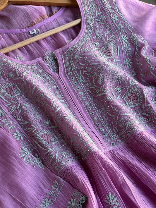 Opera Mauve Malmal Mukaish Kamdani Chikankari Stitched Kurta Dupatta Set