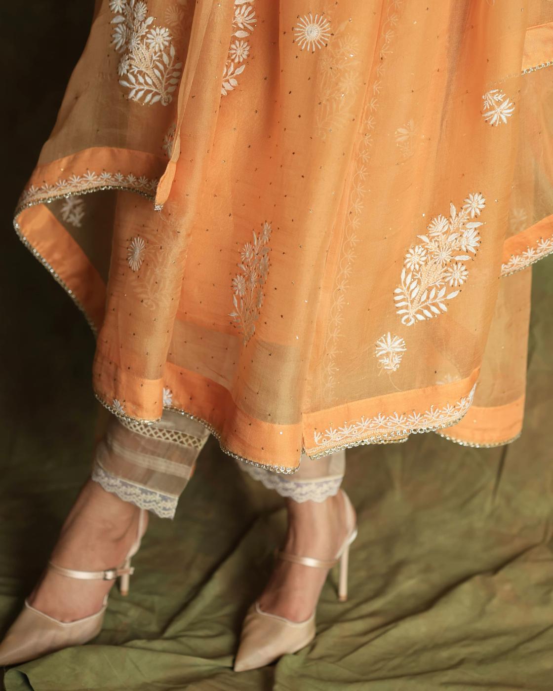 Orange Noor Organza Silk Fine Chikankari with Kamdani Ready to Wear Angarkha