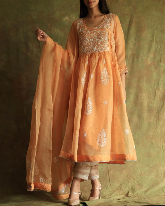 Orange Noor Organza Silk Fine Chikankari with Kamdani Ready to Wear Angarkha