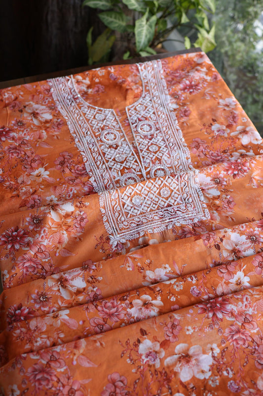 Orange Floral Cotton Kurta Fabric with Chikankari & Sequin Work