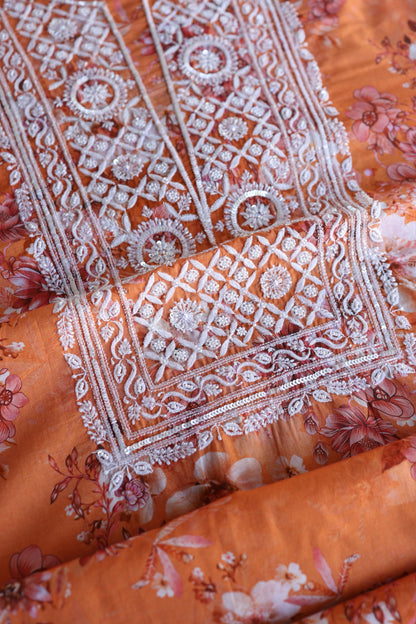 Orange Floral Cotton Kurta Fabric with Chikankari & Sequin Work