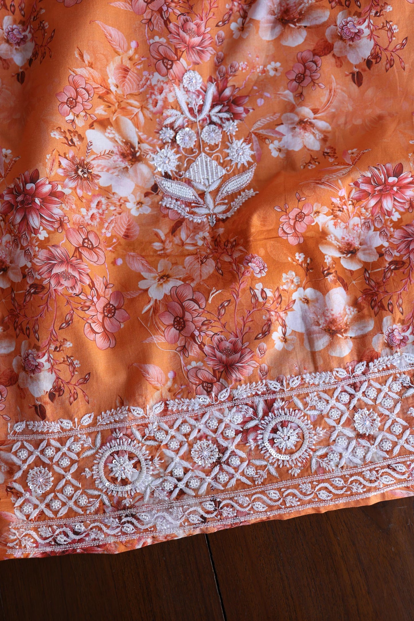 Orange Floral Cotton Kurta Fabric with Chikankari & Sequin Work