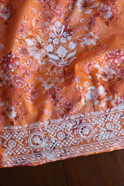 Orange Floral Cotton Kurta Fabric with Chikankari & Sequin Work