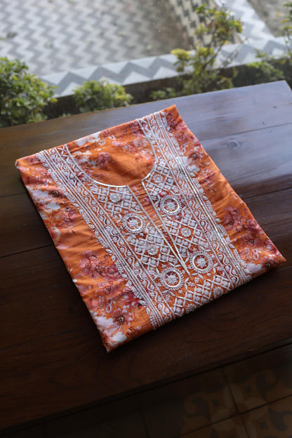 Orange Floral Cotton Kurta Fabric with Chikankari & Sequin Work