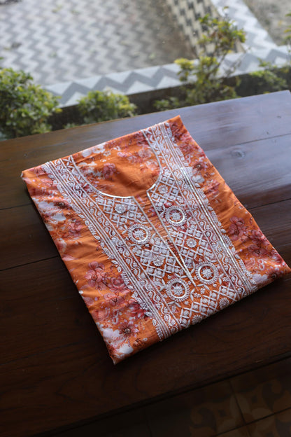 Orange Floral Cotton Kurta Fabric with Chikankari & Sequin Work