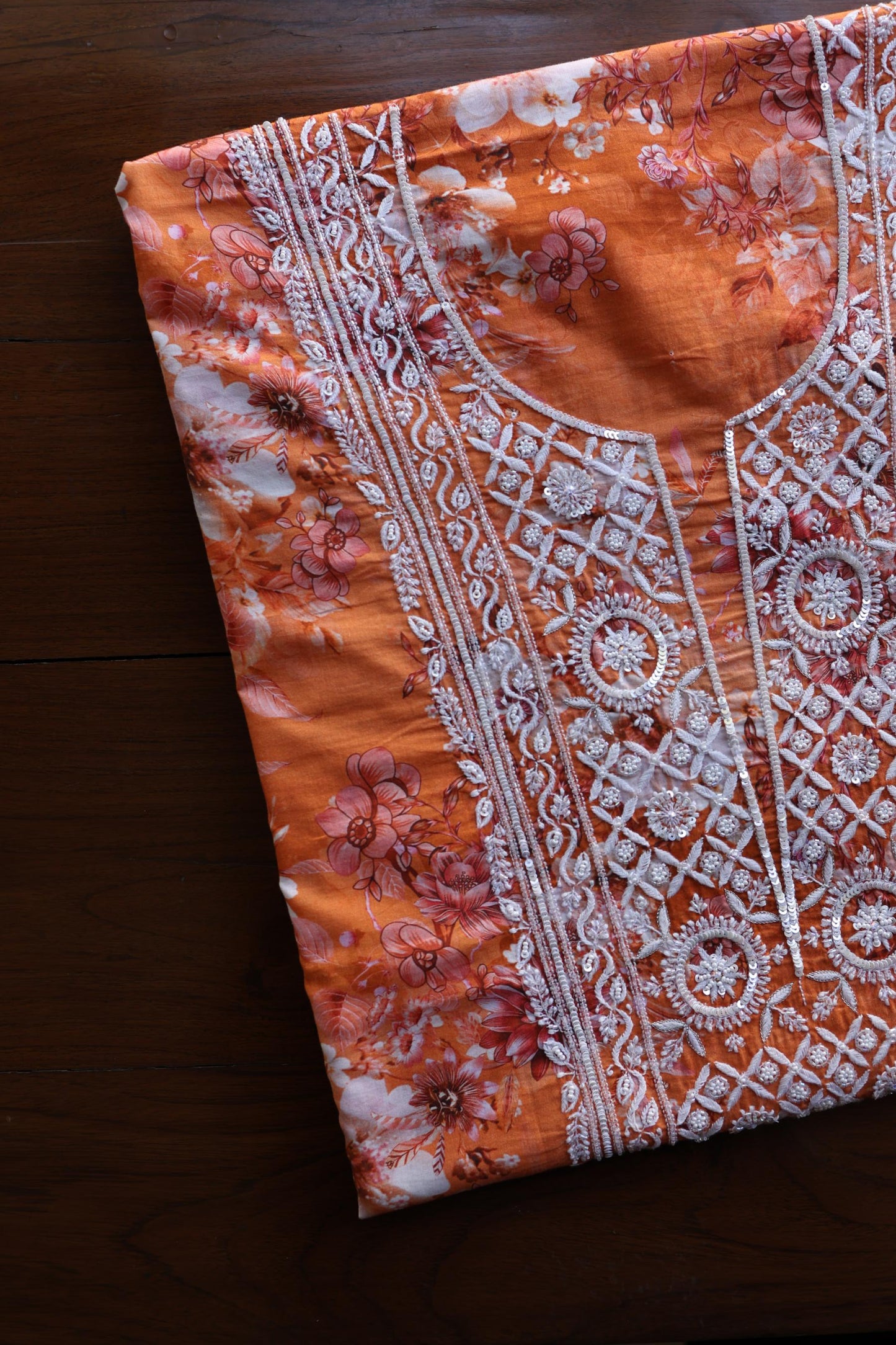 Orange Floral Cotton Kurta Fabric with Chikankari & Sequin Work