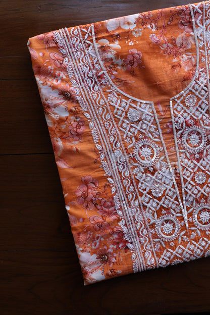 Orange Floral Cotton Kurta Fabric with Chikankari & Sequin Work
