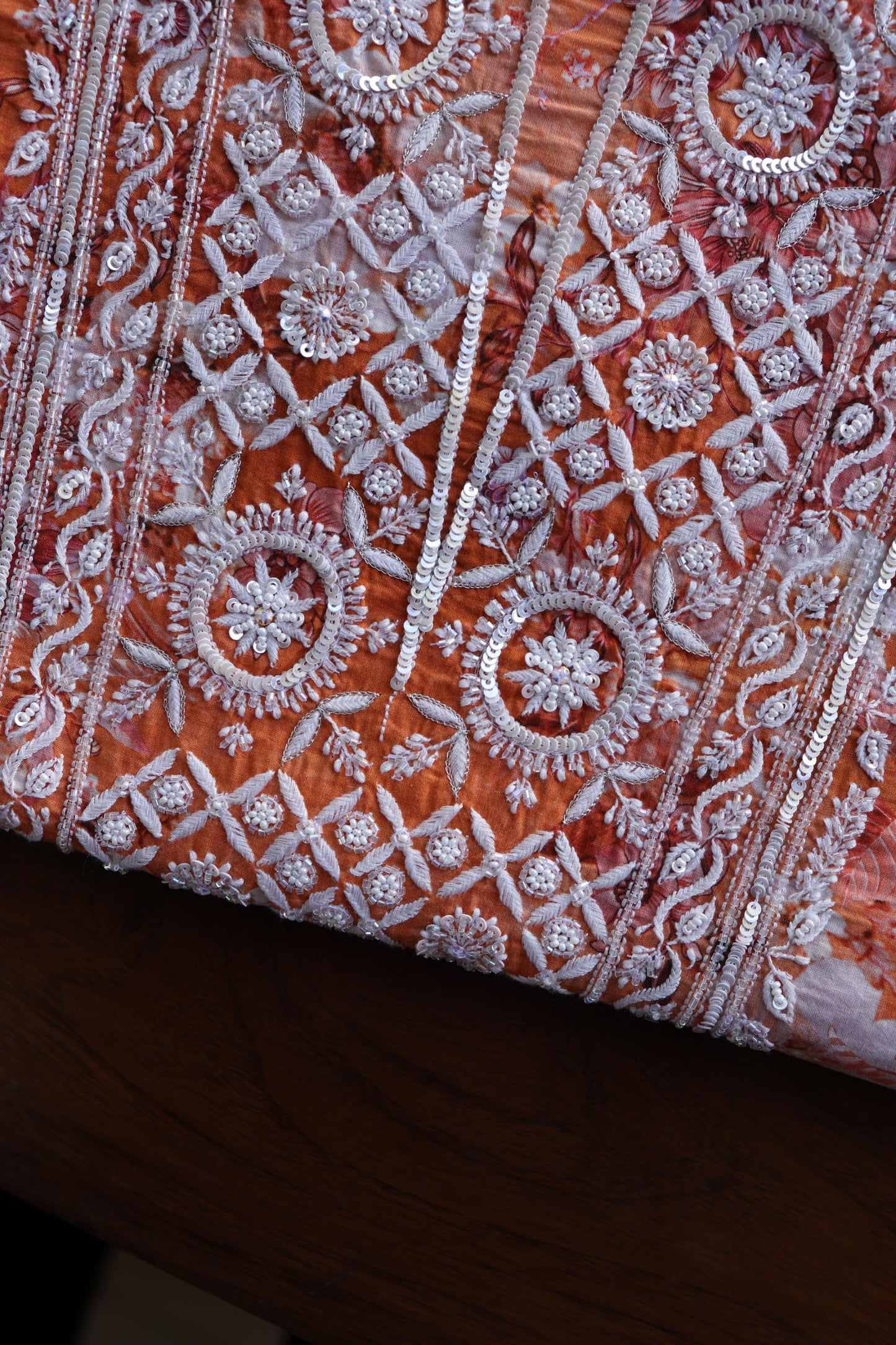 Orange Floral Cotton Kurta Fabric with Chikankari & Sequin Work