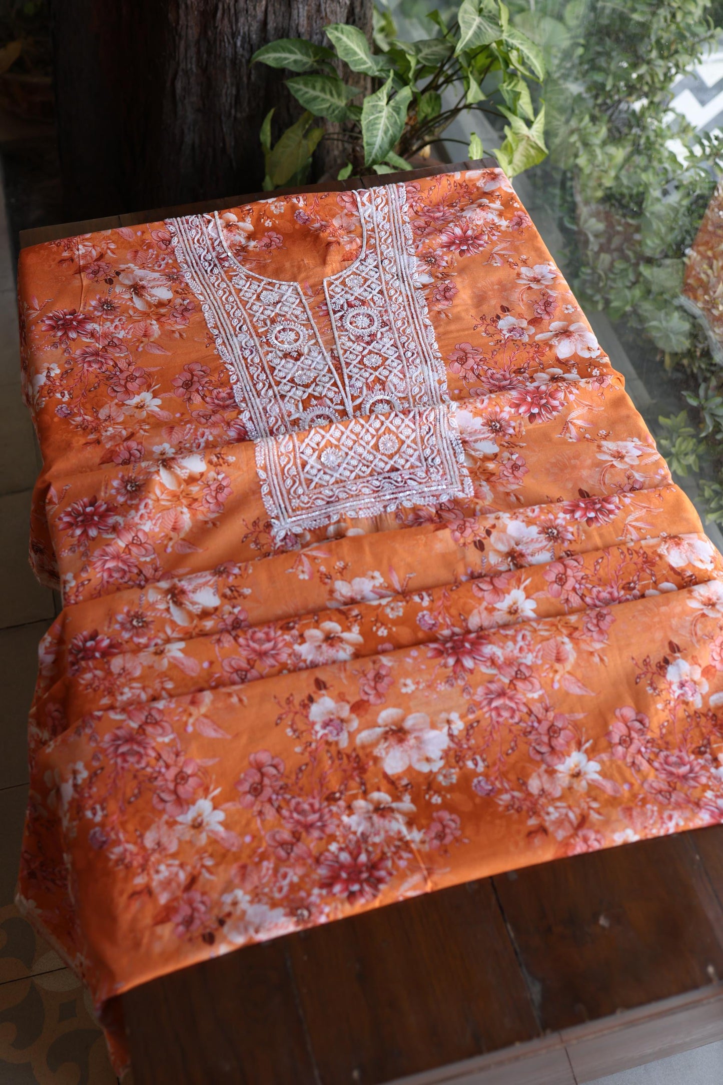 Orange Floral Cotton Kurta Fabric with Chikankari & Sequin Work