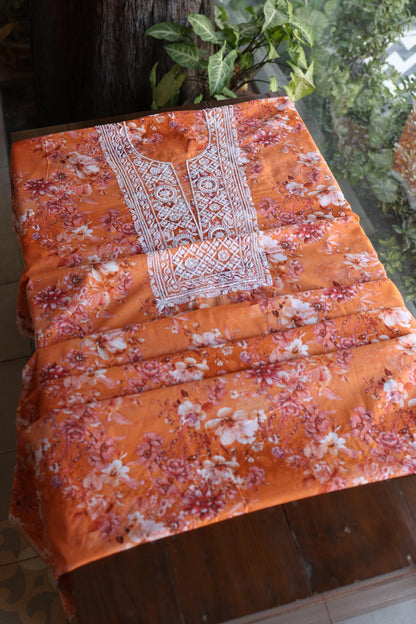 Orange Floral Cotton Kurta Fabric with Chikankari & Sequin Work