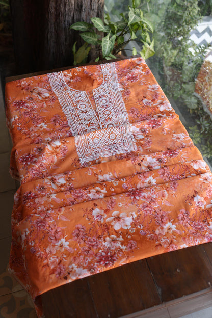 Orange Floral Cotton Kurta Fabric with Chikankari & Sequin Work