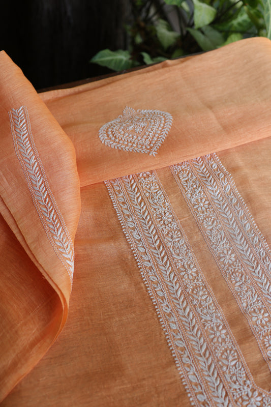 Orange Linen Chikankari Unstitched Men's Kurtas Fabric