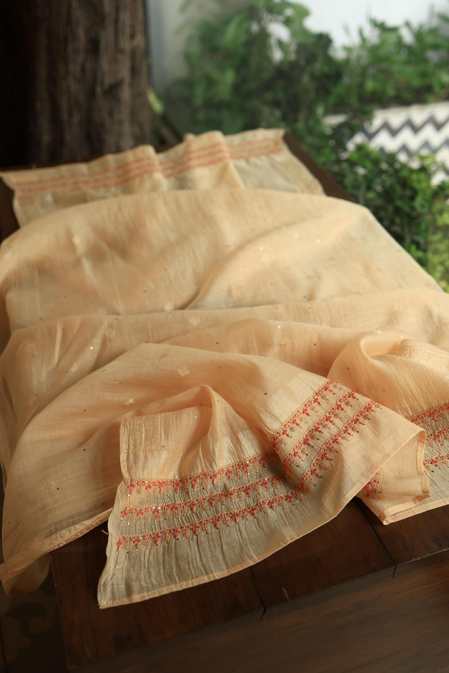 Orange Mal Chanderi Chikankari With Mukaish Line Unstitched Fabric