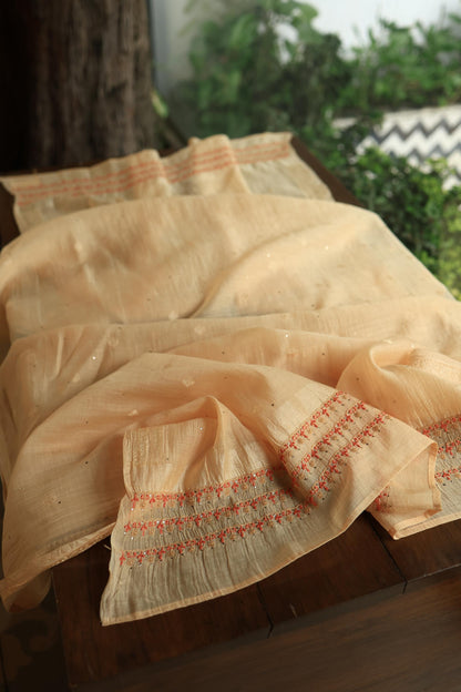 Orange Mal Chanderi Chikankari With Mukaish Line Unstitched Fabric
