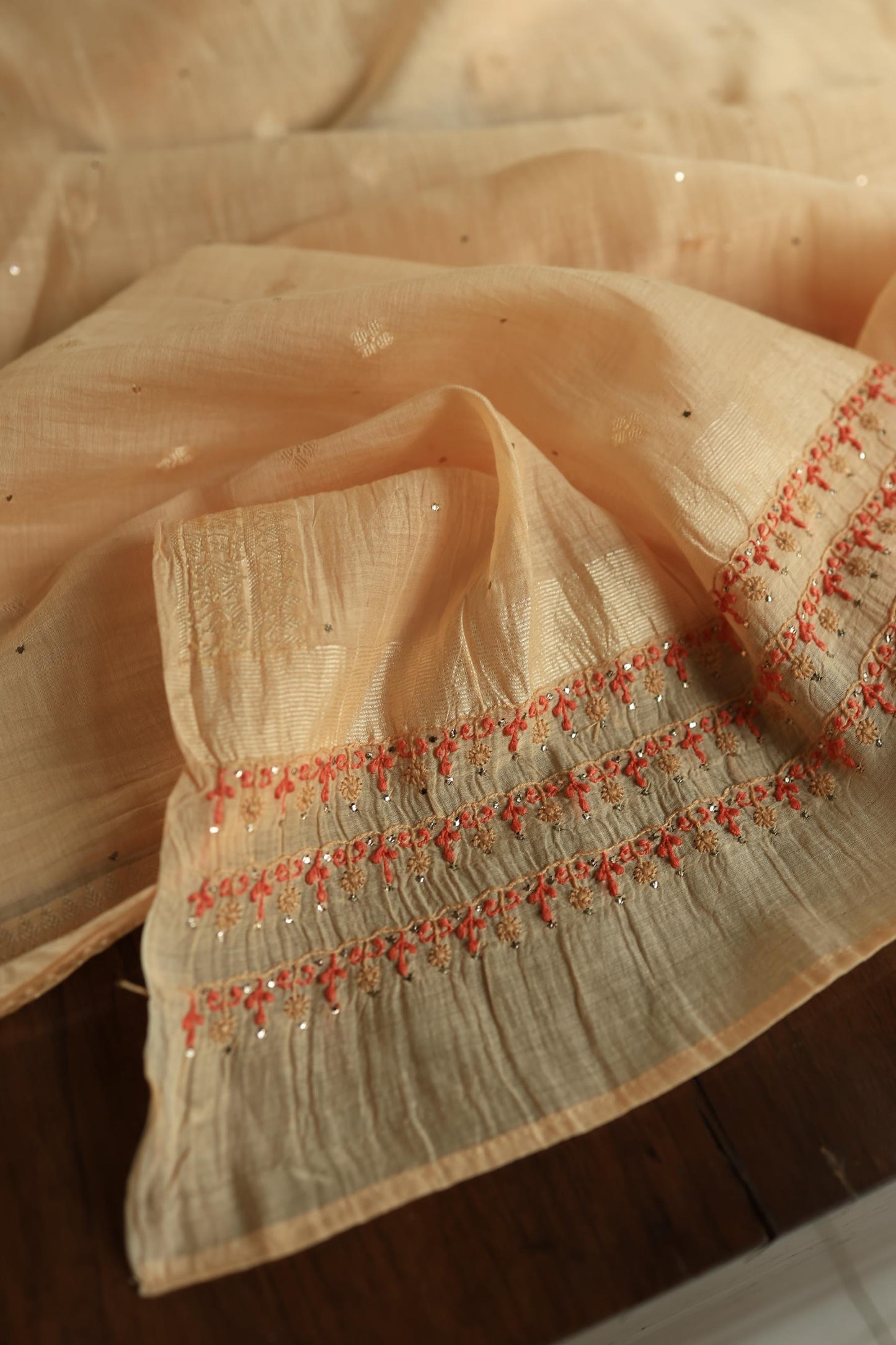 Orange Mal Chanderi Chikankari With Mukaish Line Unstitched Fabric