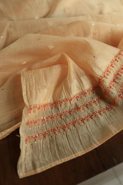 Orange Mal Chanderi Chikankari With Mukaish Line Unstitched Fabric