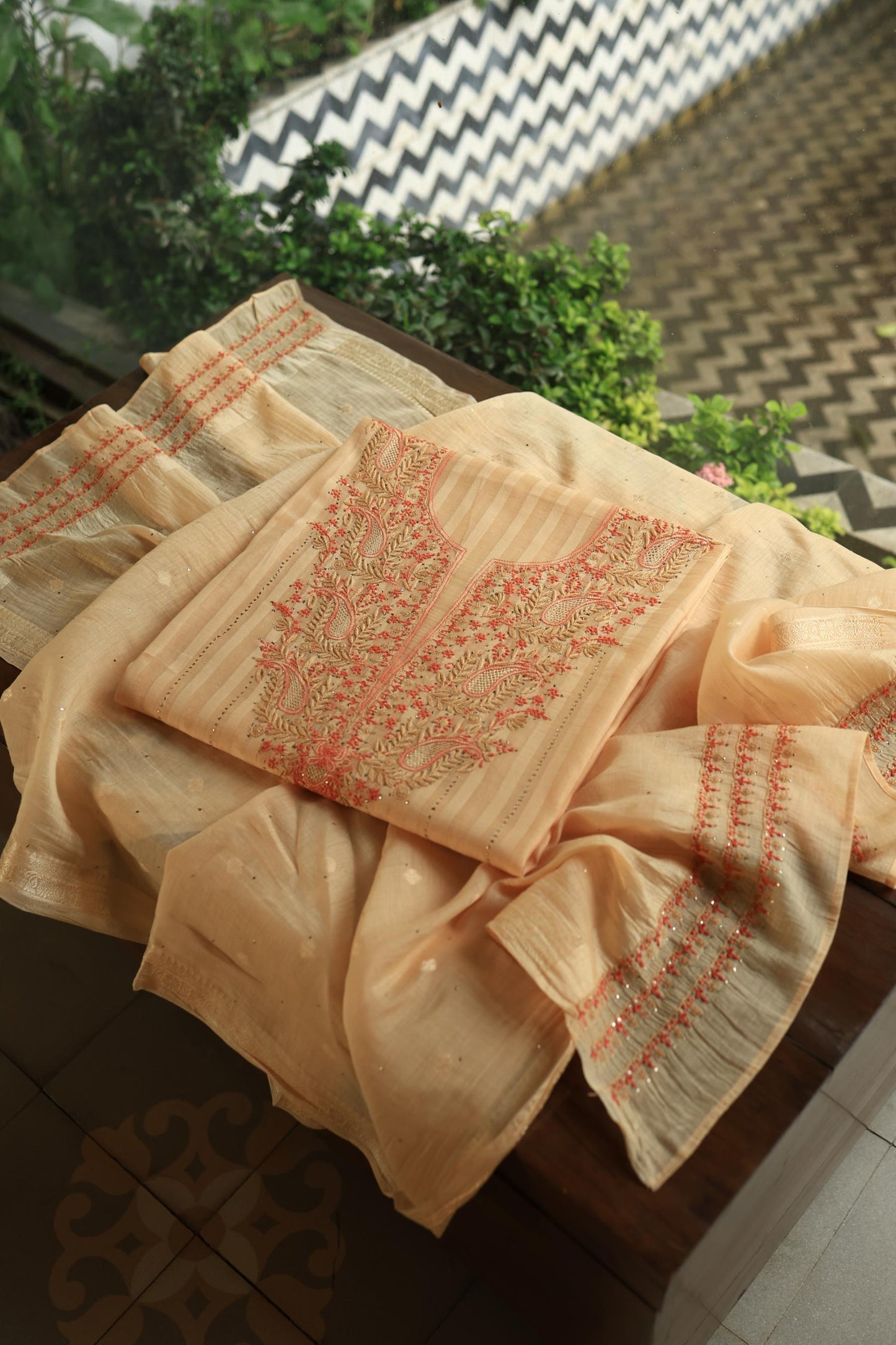Orange Mal Chanderi Chikankari With Mukaish Line Unstitched Fabric