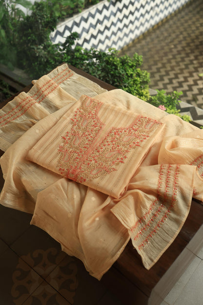 Orange Mal Chanderi Chikankari With Mukaish Line Unstitched Fabric