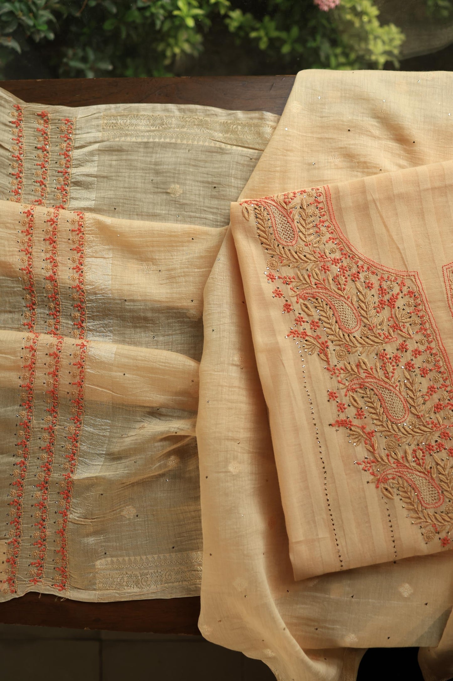 Orange Mal Chanderi Chikankari With Mukaish Line Unstitched Fabric