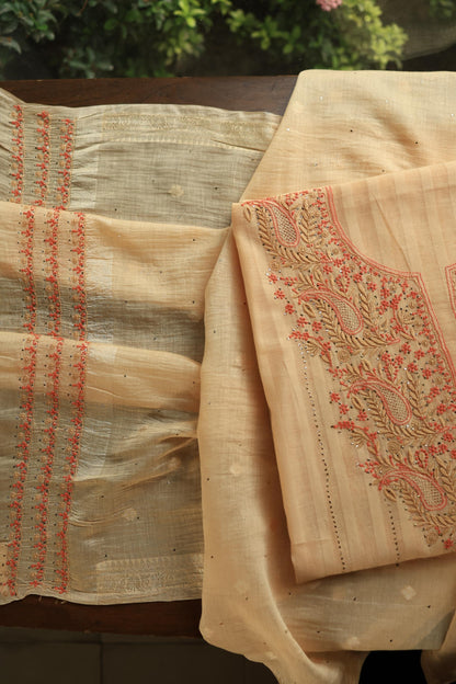 Orange Mal Chanderi Chikankari With Mukaish Line Unstitched Fabric